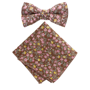 Boy's Cotton Floral Print Bow Tie and Pocket Square Set, Brown (Color F39)