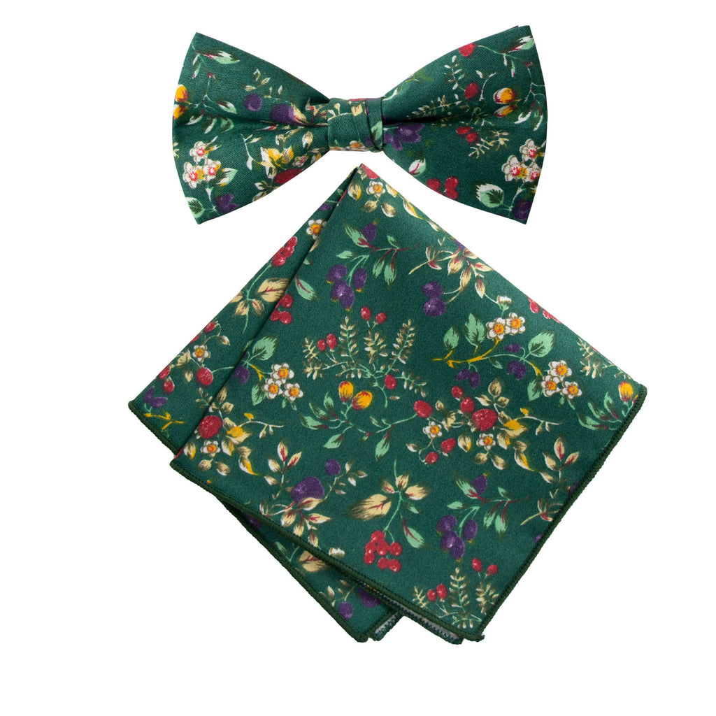 Men's Cotton Floral Bow Tie and Handkerchief Set, Juniper (Color F51)