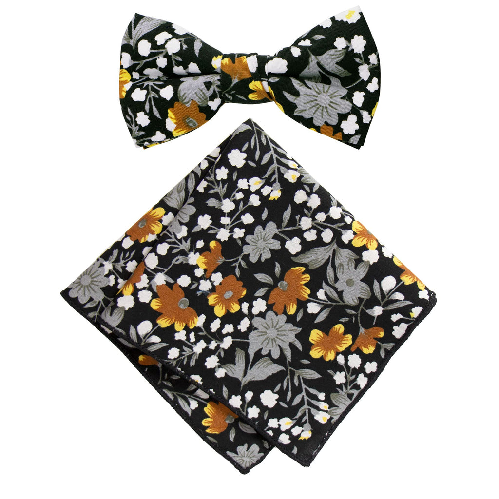 Boy's Cotton Floral Print Bow Tie and Pocket Square Set, Black Mustard (Color F41)