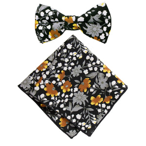 Boy's Cotton Floral Print Bow Tie and Pocket Square Set, Black Mustard (Color F41)