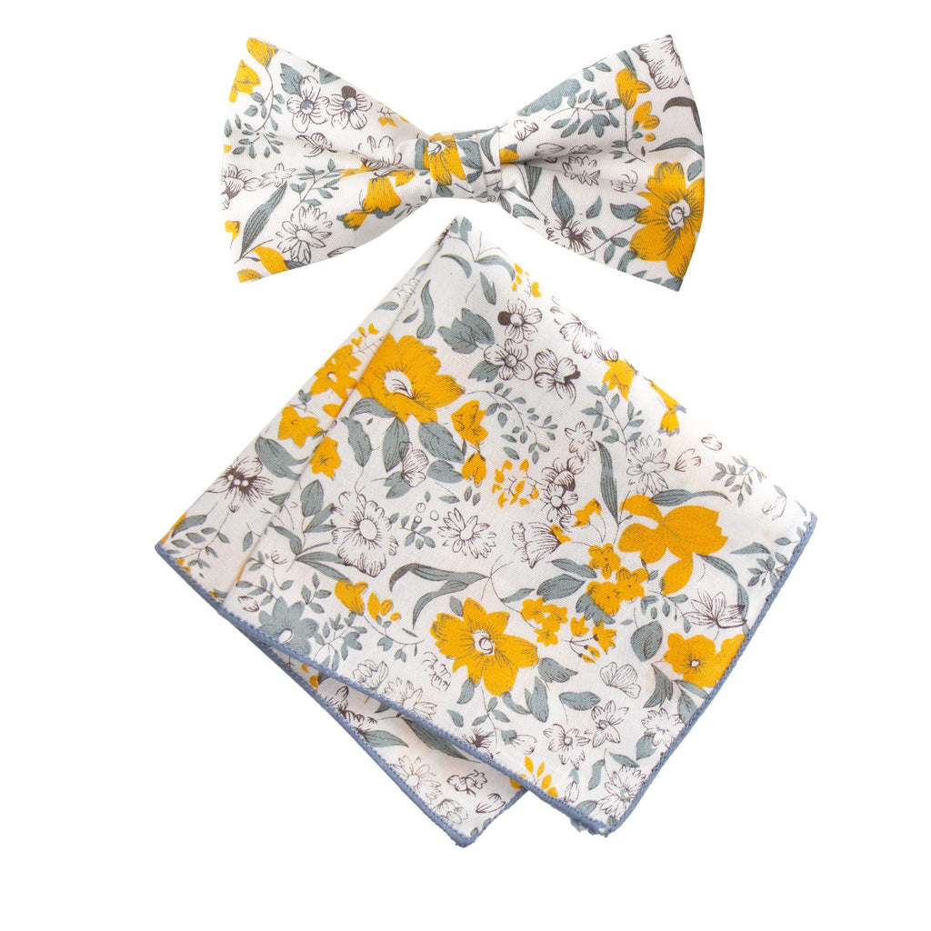 Men's Cotton Floral Bow Tie and Handkerchief Set, Marigold (Color F49)