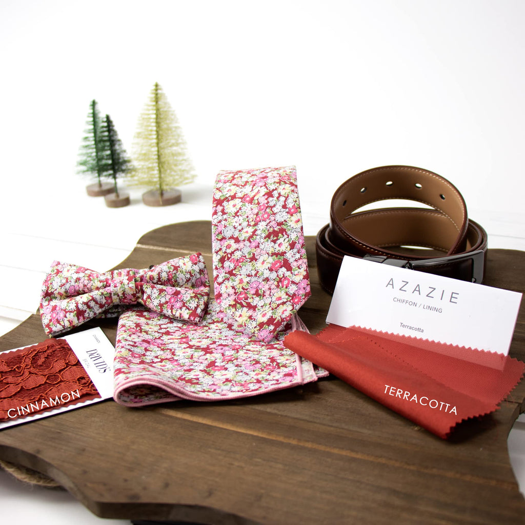 Men's Cotton Floral Bow Tie and Handkerchief Set, Cinnamon (Color F46)