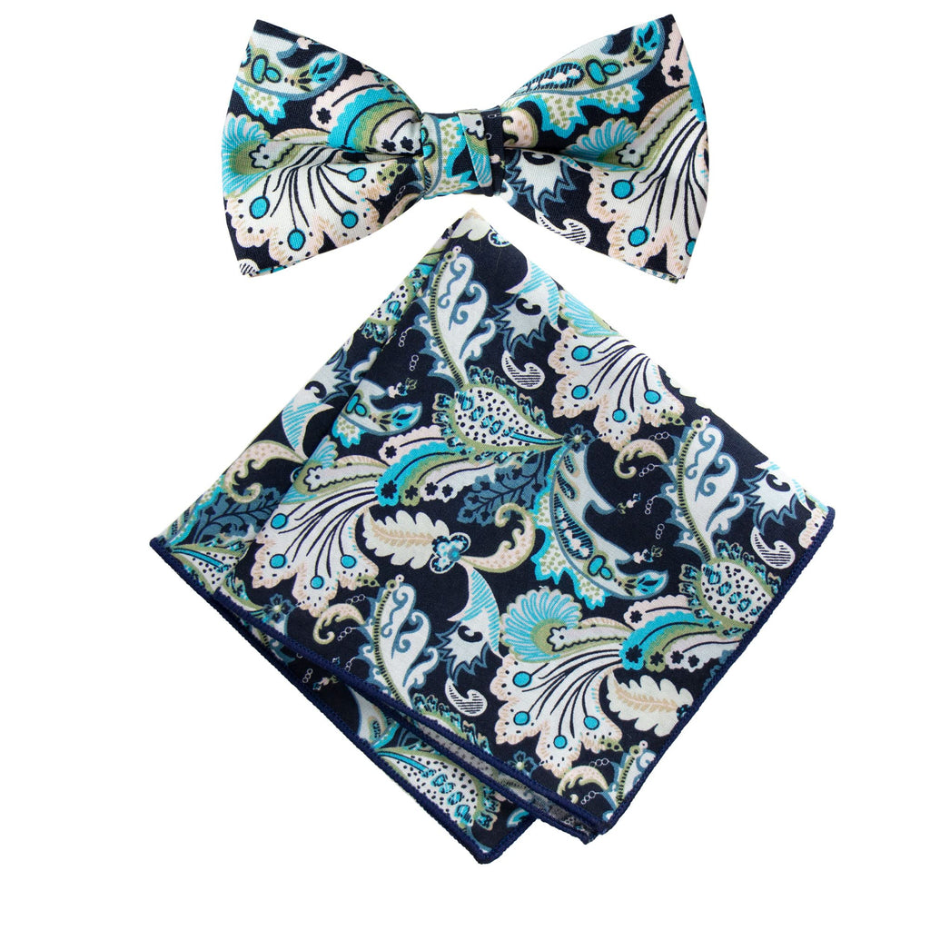 Boy's Cotton Floral Print Bow Tie and Pocket Square Set, Marine (Color F50)