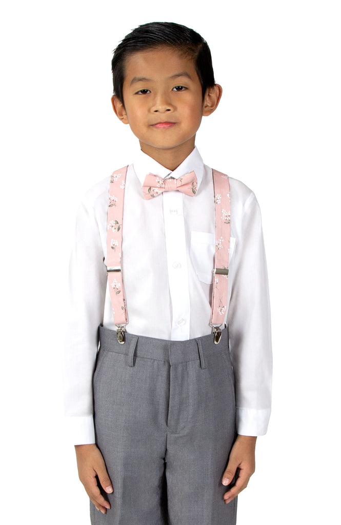 Boys' Floral Cotton Suspenders and Bow Tie Set, Blush Pink (Color F13)
