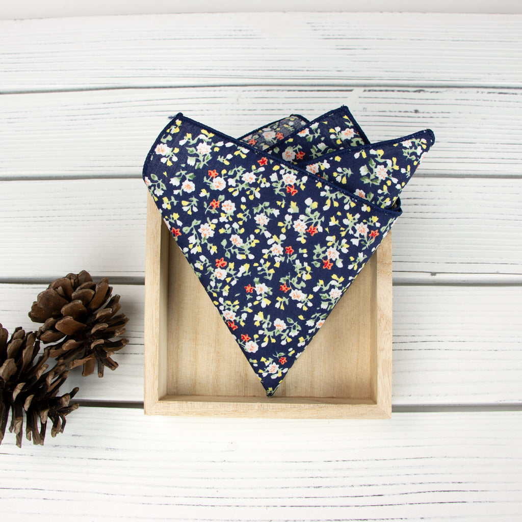 Men's Cotton Floral Bow Tie and Handkerchief Set, Navy (Color F21)