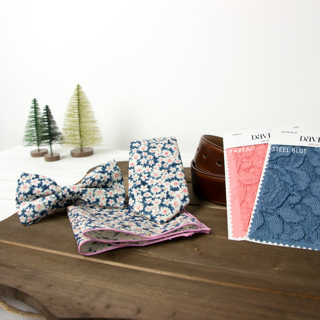 Men's Cotton Floral Bow Tie and Handkerchief Set, Blue Pink (Color F28)