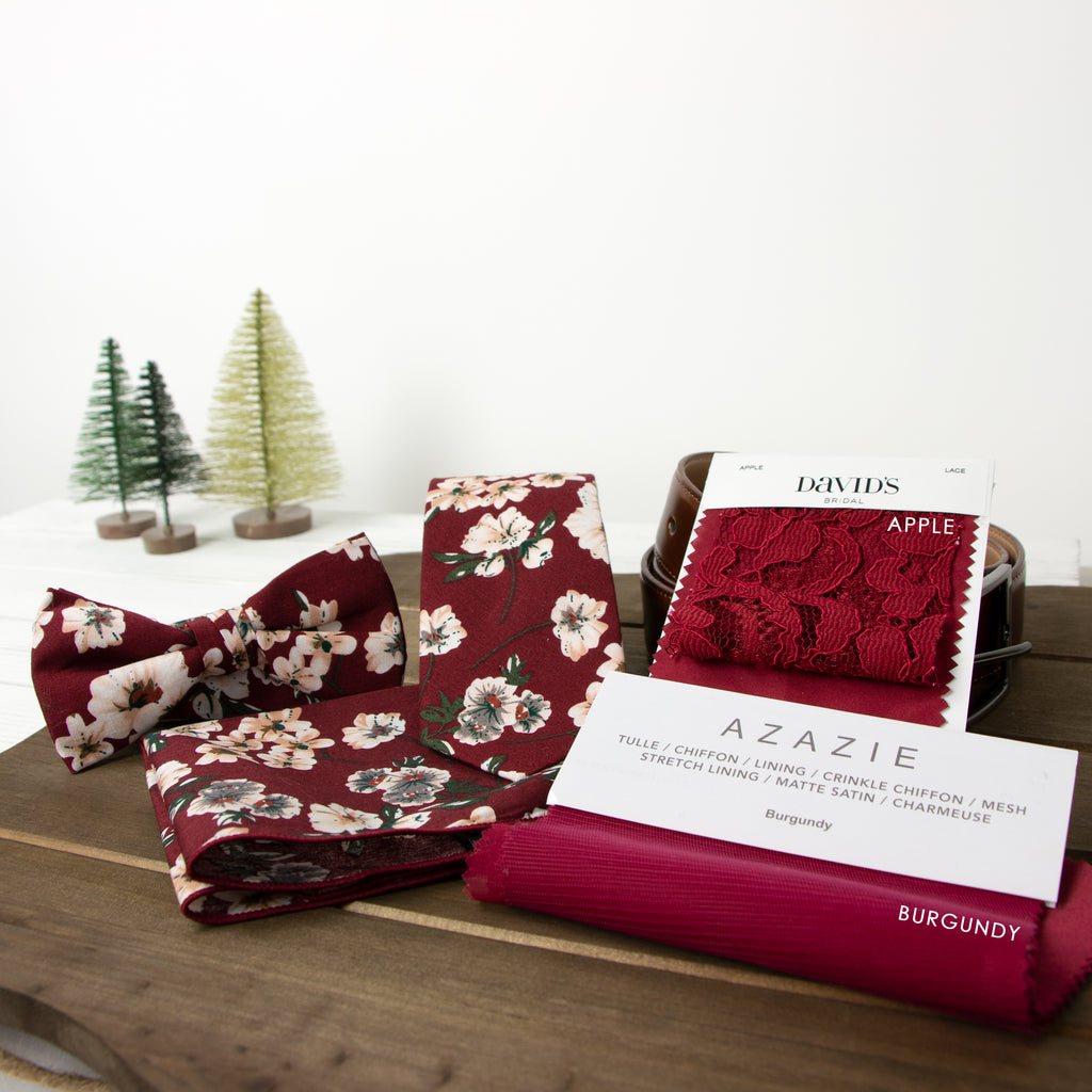 Men's Cotton Floral Bow Tie and Handkerchief Set, Burgundy (Color F37)
