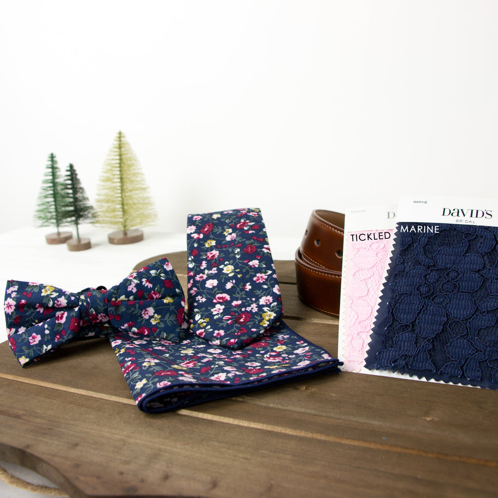 Men's Cotton Floral Bow Tie and Handkerchief Set, Navy (Color F23)