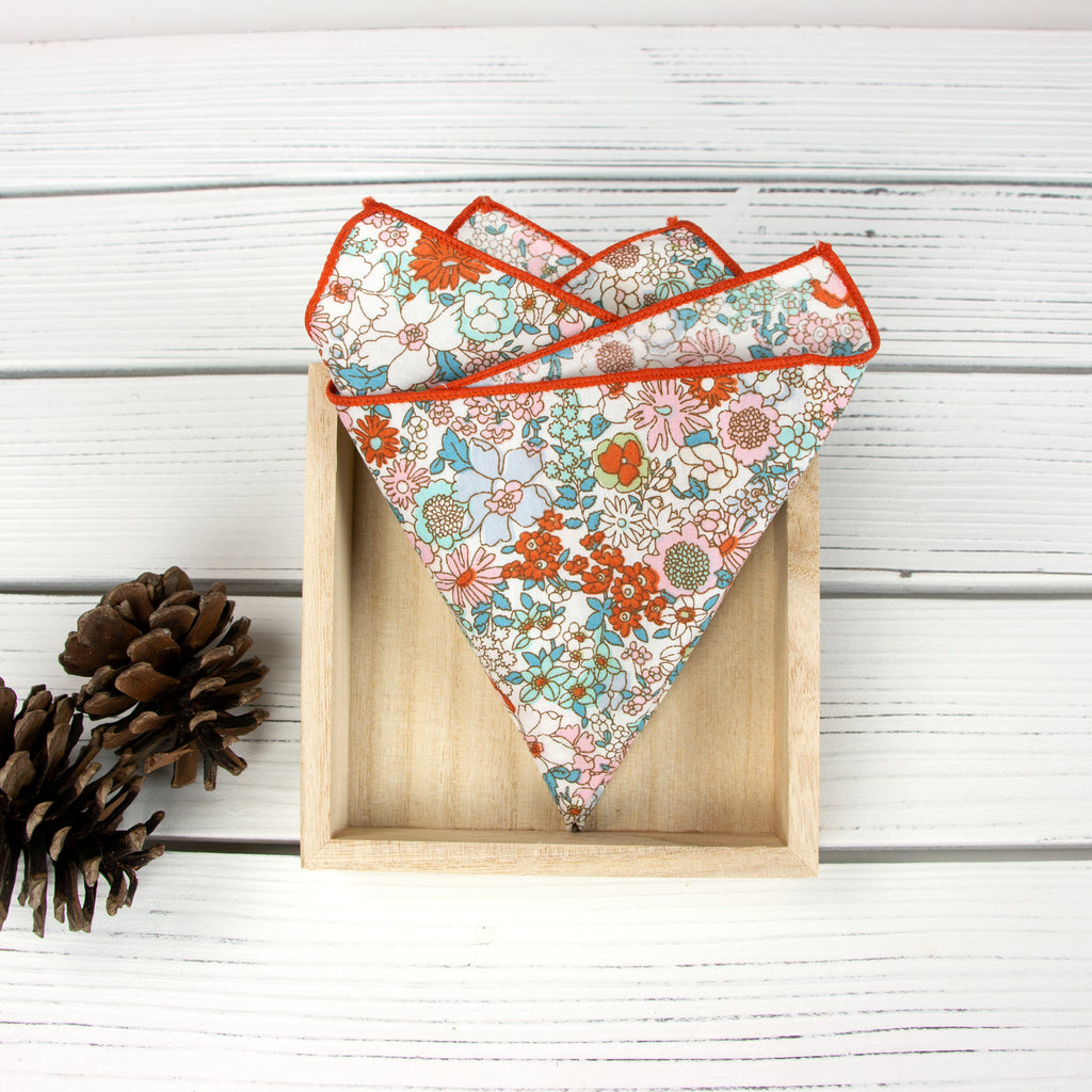 Men's Cotton Floral Bow Tie and Handkerchief Set, Blue Pink (Color F27)