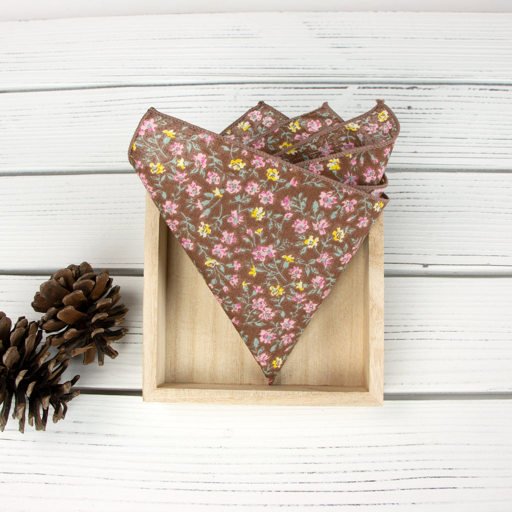 Men's Cotton Floral Bow Tie and Handkerchief Set, Brown (Color F39)