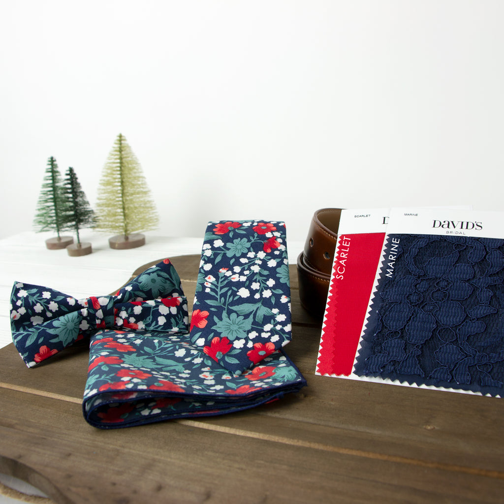 Men's Cotton Floral Bow Tie and Handkerchief Set, Blue Red (Color F42)