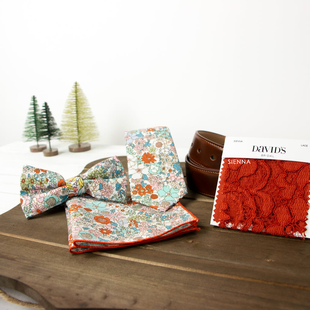 Men's Cotton Floral Bow Tie and Handkerchief Set, Blue Pink (Color F27)