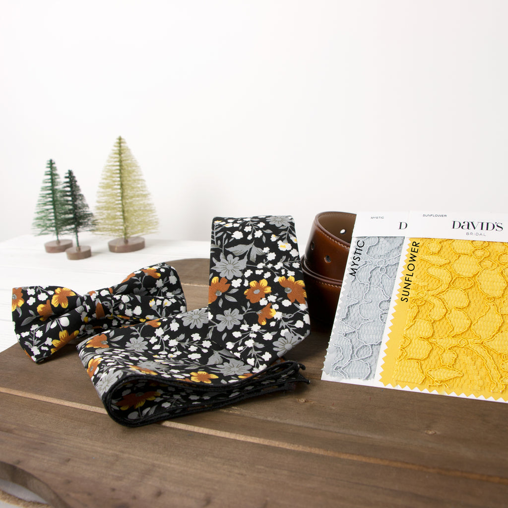 Men's Floral Necktie and Pocket Square Handkerchief Hanky Set, Black Mustard (Color F41)