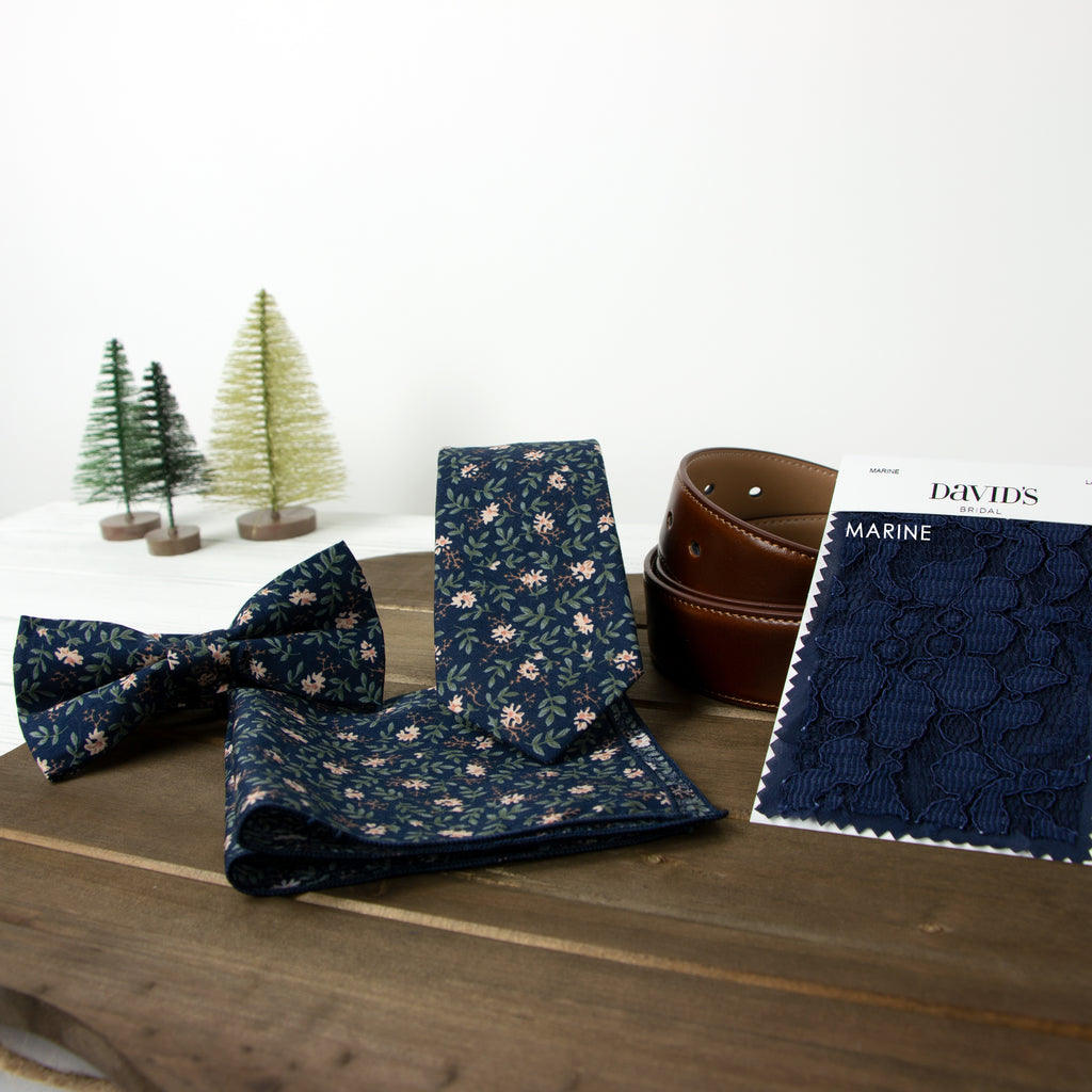 Boys' Cotton Floral Print Zipper Necktie and Pocket Square Set, Navy (Color F57)