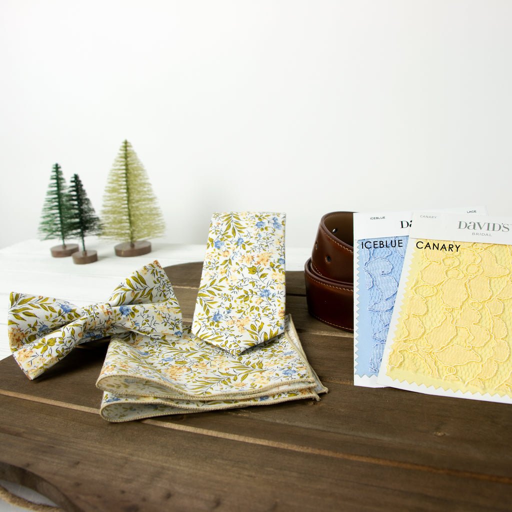 Boys' Cotton Floral Print Zipper Necktie and Pocket Square Set, Yellow Blue (Color F63)