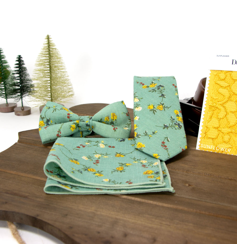 Men's Cotton Floral Bow Tie and Handkerchief Set, Green Yellow (Color F72)