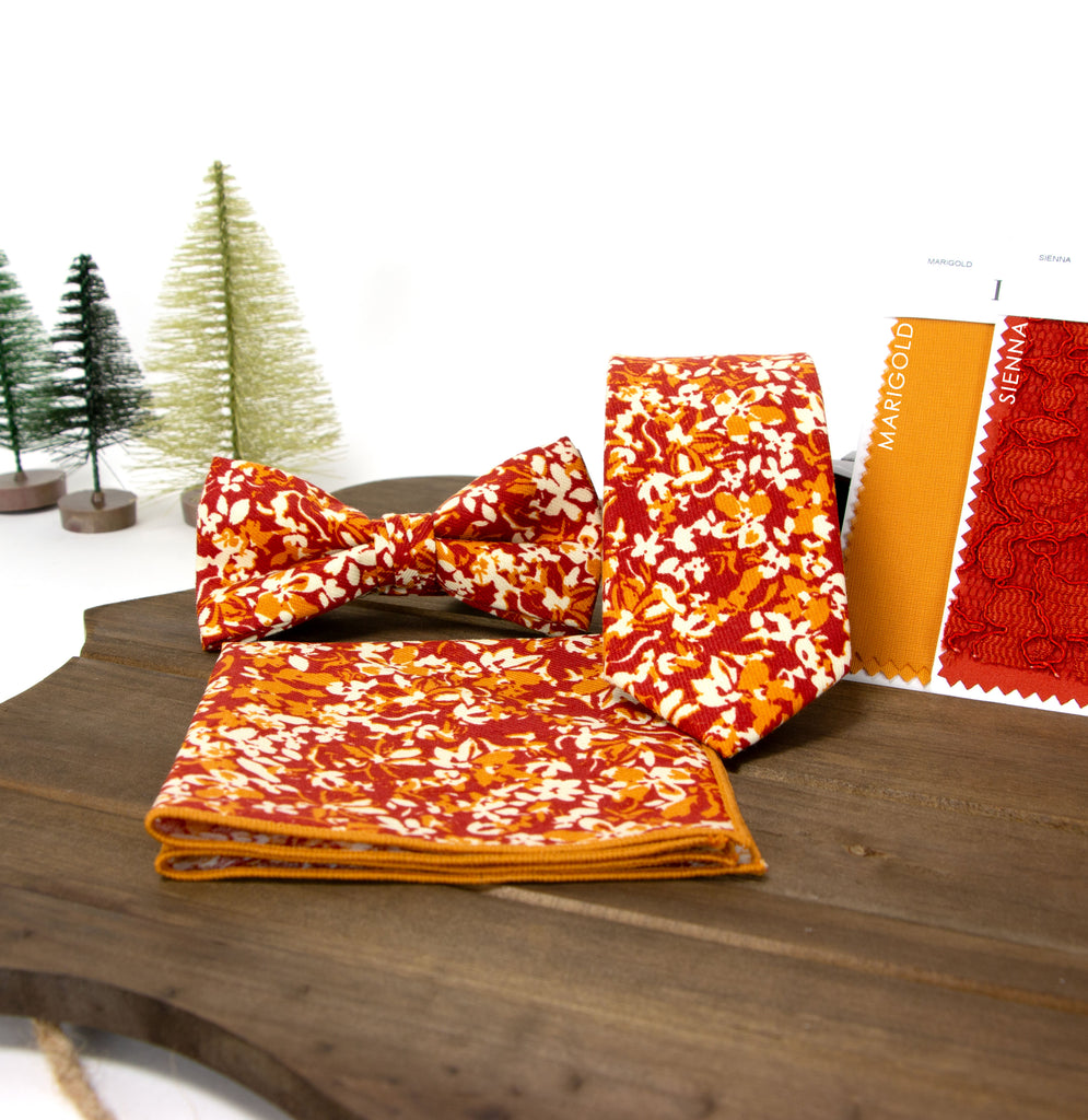 Men's Cotton Floral Bow Tie and Handkerchief Set, Rust (Color F75)