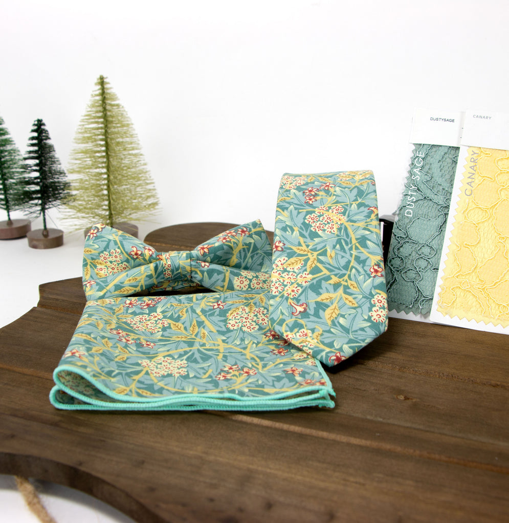 Men's Floral Necktie and Pocket Square Handkerchief Hanky Set, Green Yellow (Color F76)