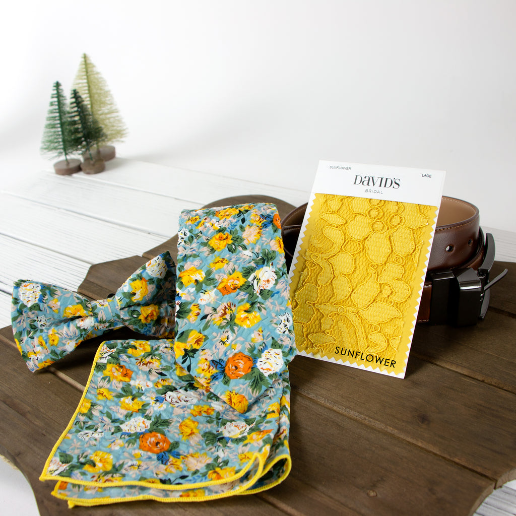 Men's Salt Shrinking Seersucker Cotton Floral Print Necktie and Handkerchief Set, Blue Yellow