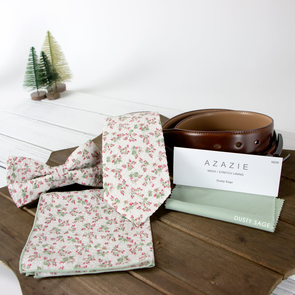 Men's Salt Shrinking Seersucker Cotton Floral Print Bow Tie and Handkerchief Set, Beige Sage Red