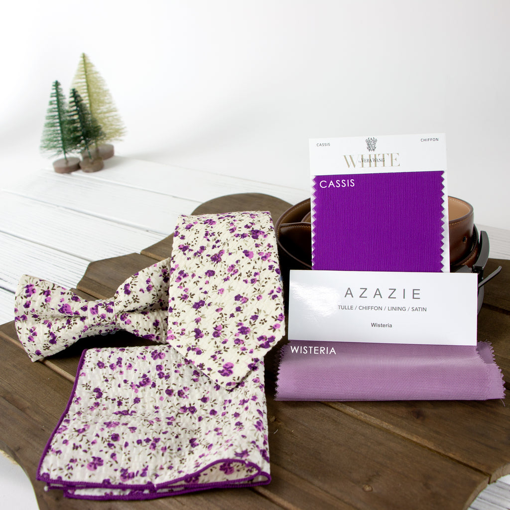Men's Salt Shrinking Seersucker Cotton Floral Print Bow Tie and Handkerchief Set, Ivory Purple