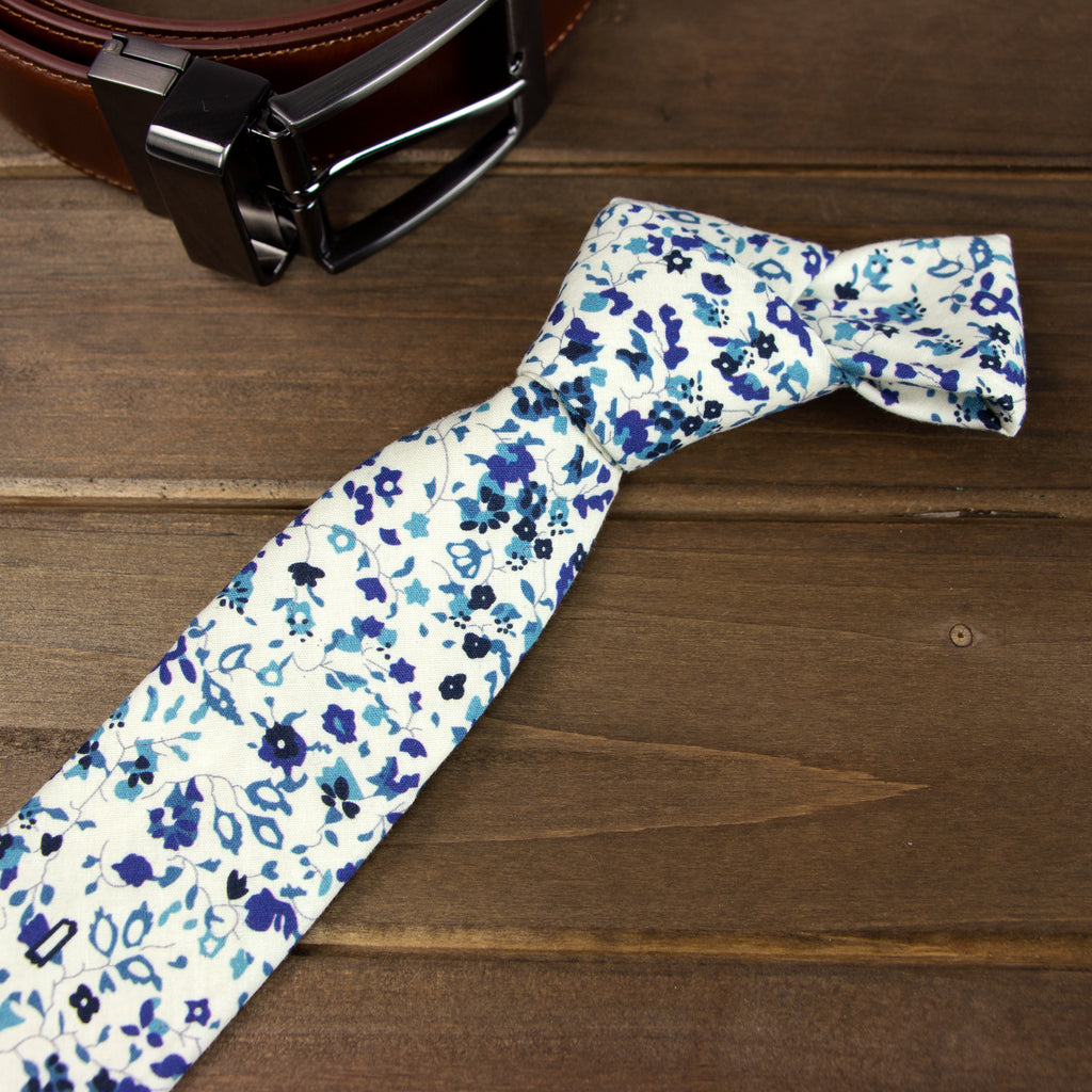 Men's Cotton Printed Floral Skinny Tie, Ivory/Blue (Color F03)