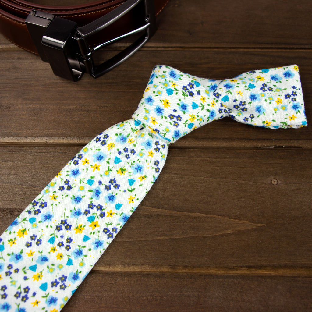Men's Cotton Printed Floral Skinny Tie, Ivory/Yellow (Color F04)
