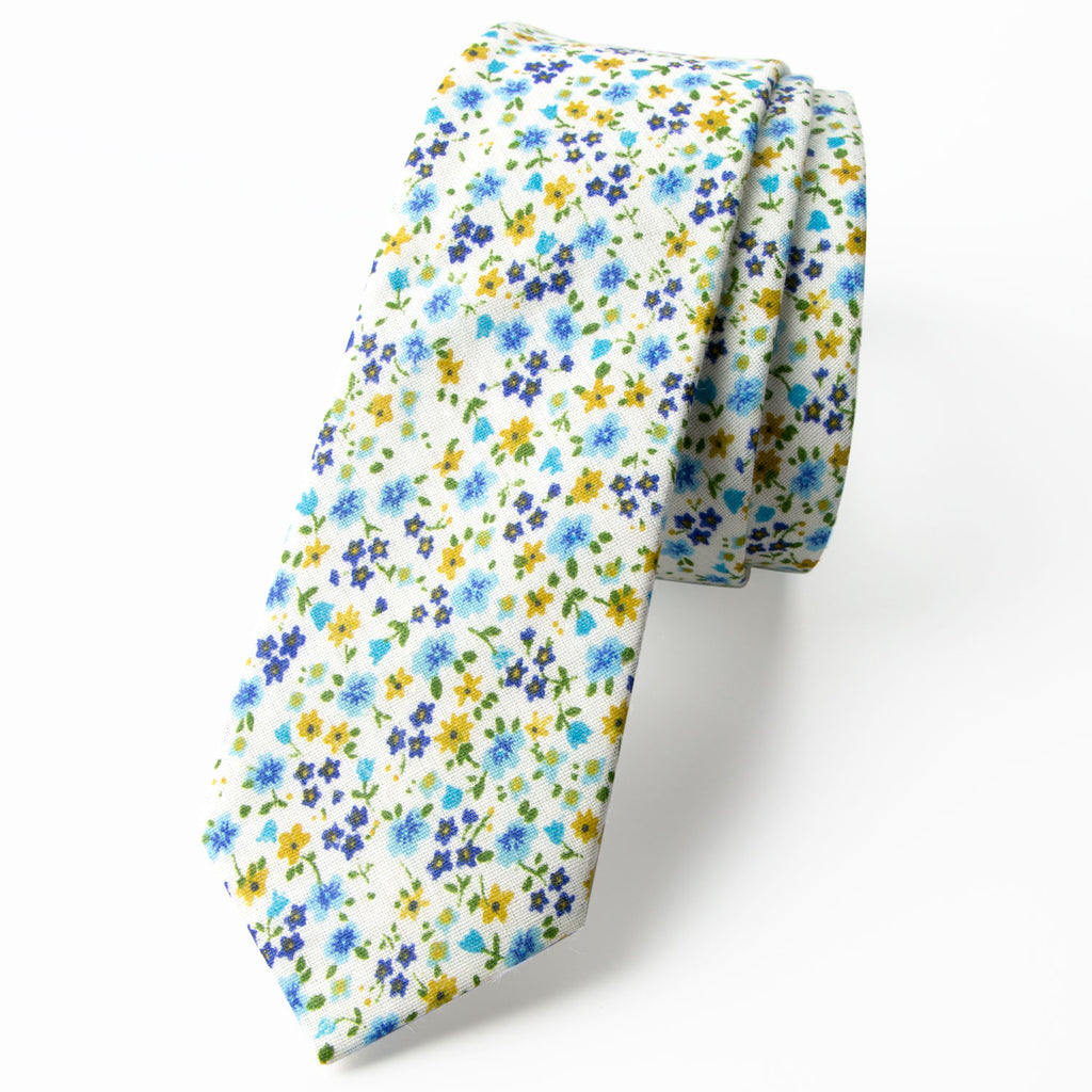Men's Cotton Printed Floral Skinny Tie, Ivory/Yellow (Color F04)