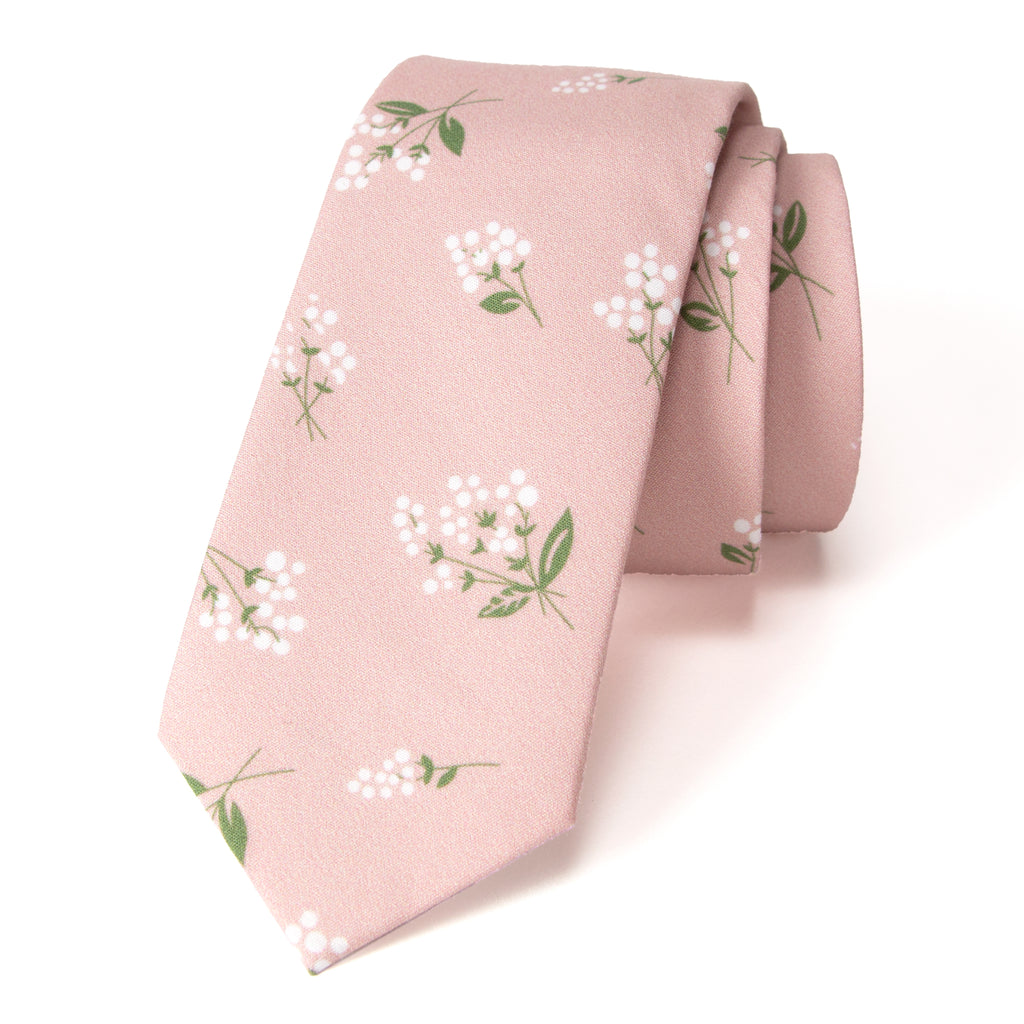 Men's Cotton Printed Floral Skinny Tie, Blush Pink/White (Color F13)