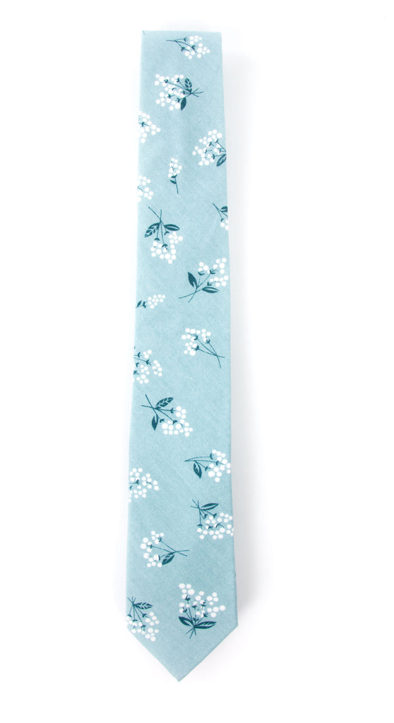 Men's Cotton Printed Floral Skinny Tie, Blue/White (Color F14)