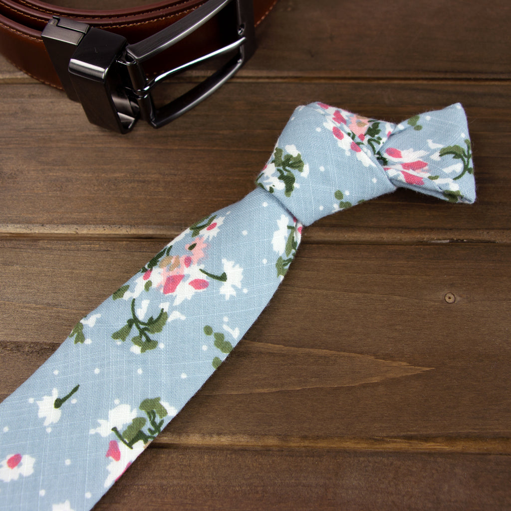 Men's Cotton Printed Floral Skinny Tie, Light Blue/Red (Color F19)