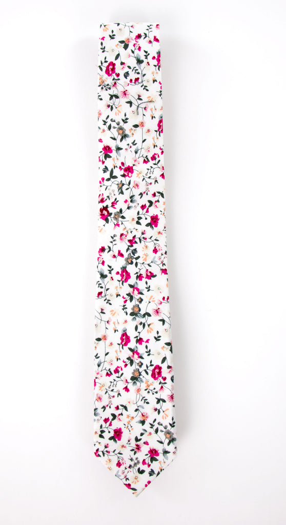Men's Cotton Printed Floral Skinny Tie, White/Red (Color F22)