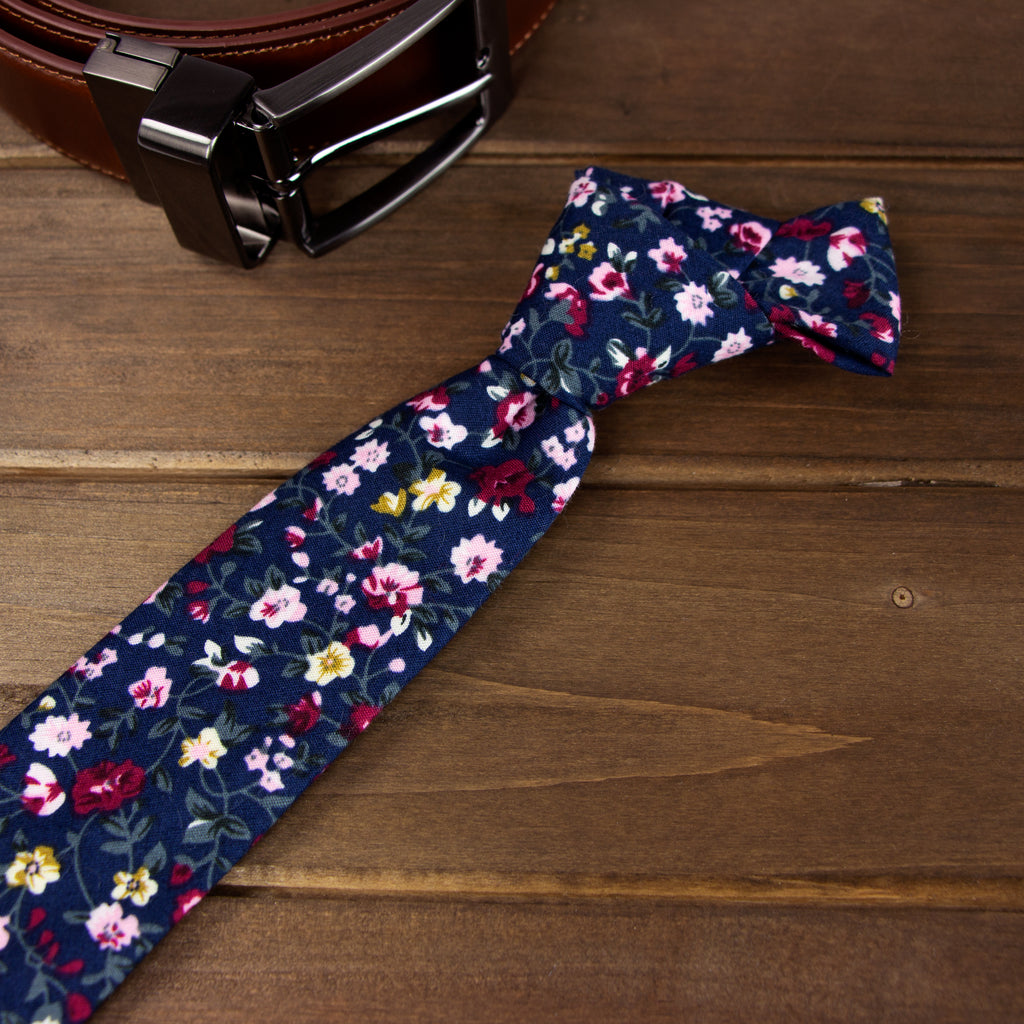 Men's Cotton Printed Floral Skinny Tie, Navy/Pink (Color F23)