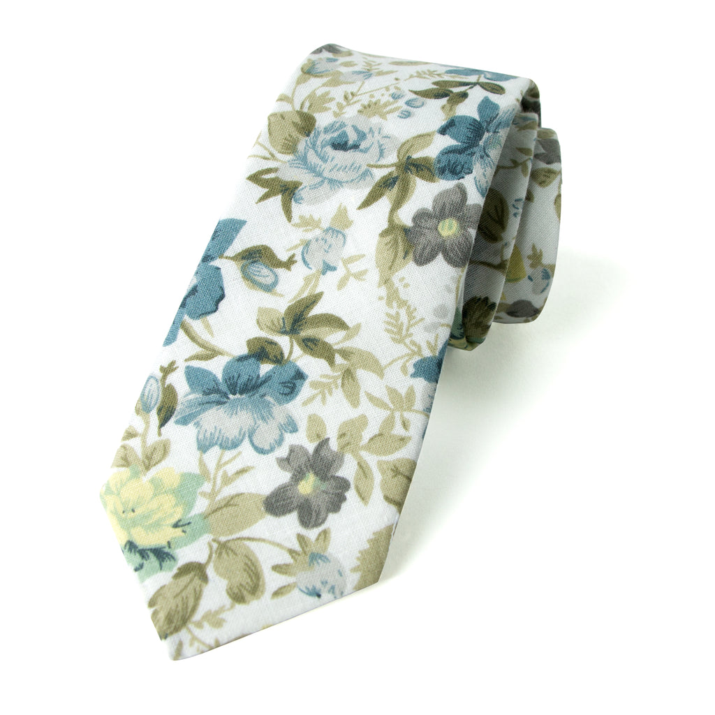 Men's Cotton Printed Floral Skinny Tie, Yellow/Blue/Sage (Color F24)