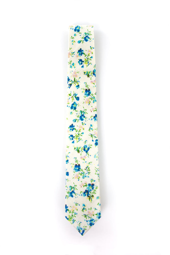 Men's Cotton Printed Floral Skinny Tie, Blue/Orange (Color F26)
