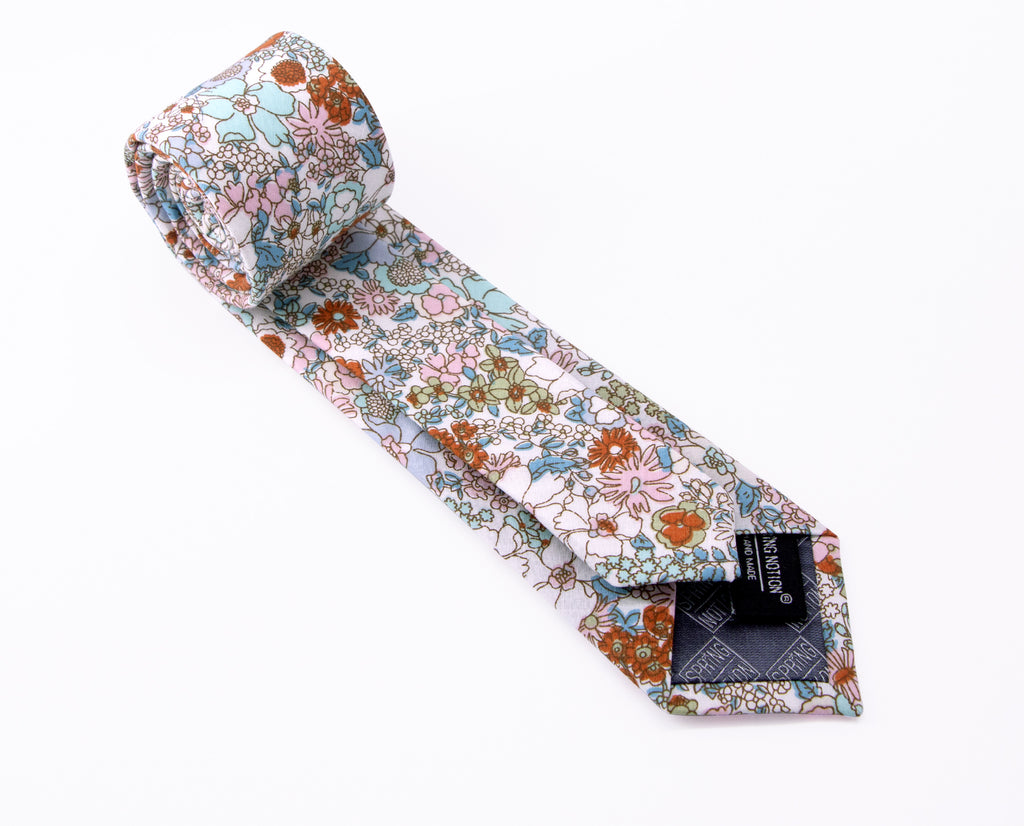 Men's Cotton Printed Floral Skinny Tie, Blue/Pink (Color F27)