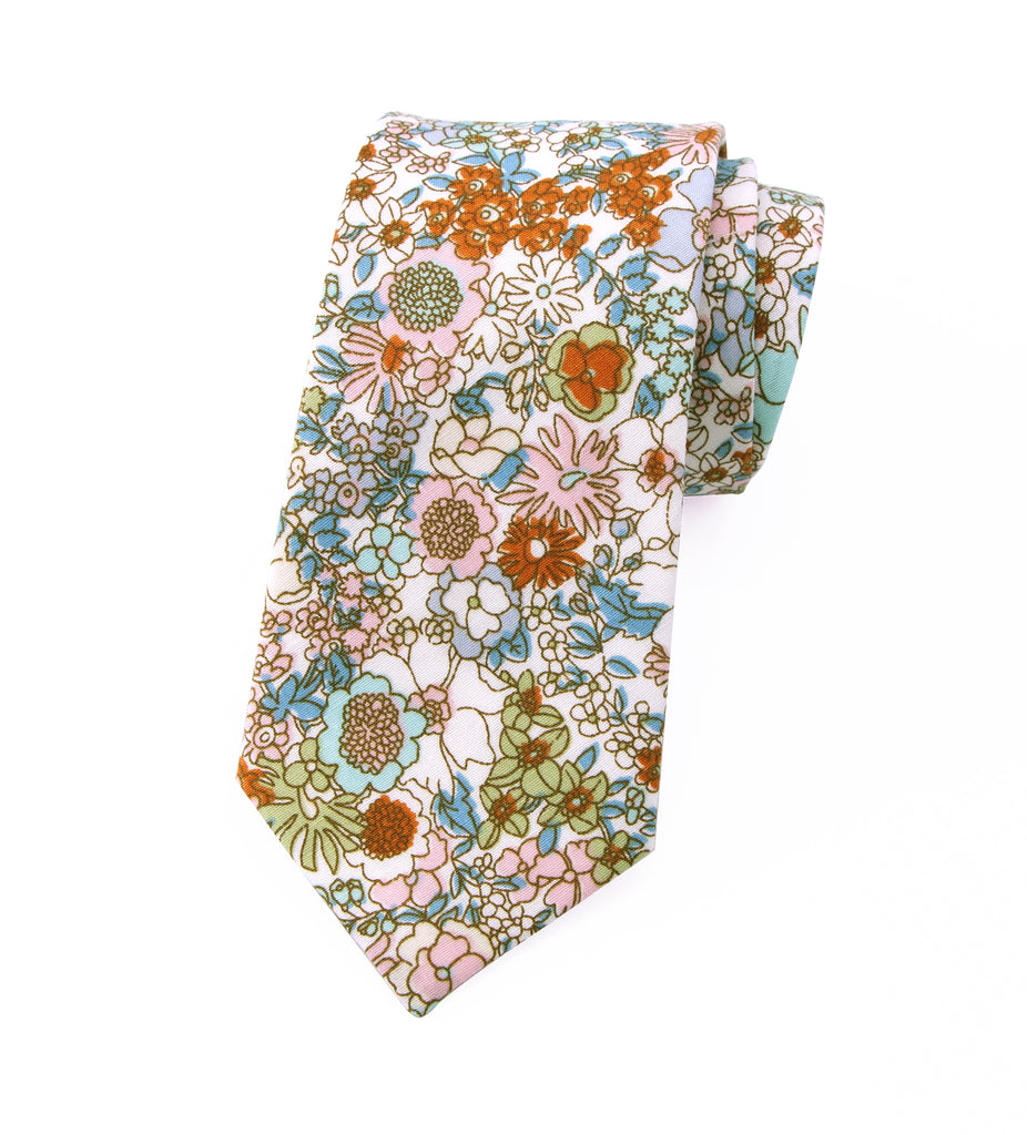 Men's Cotton Printed Floral Skinny Tie, Blue/Pink (Color F27)