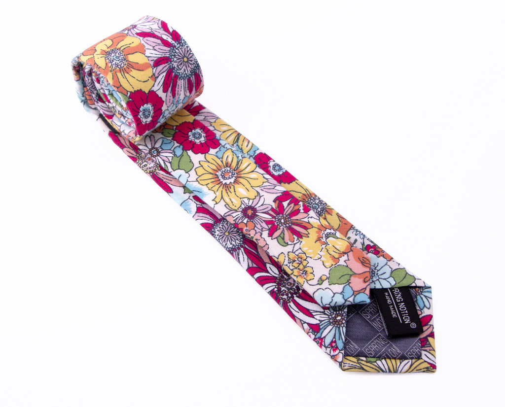 Men's Cotton Printed Floral Skinny Tie, Blue/Red (Color F30)