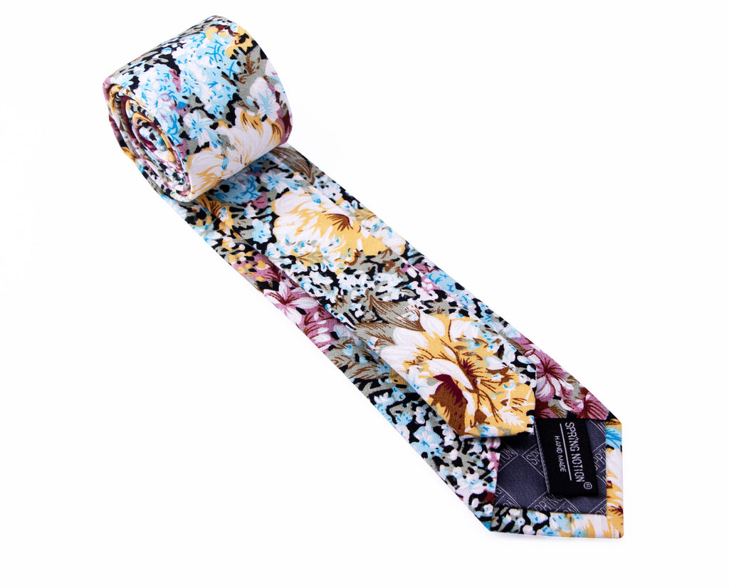 Men's Cotton Printed Floral Skinny Tie, Black/Mauve (Color F36)