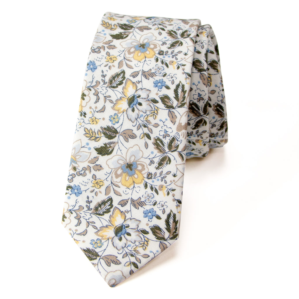 Men's Cotton Printed Floral Skinny Tie, Gold Metallic (Color F44)