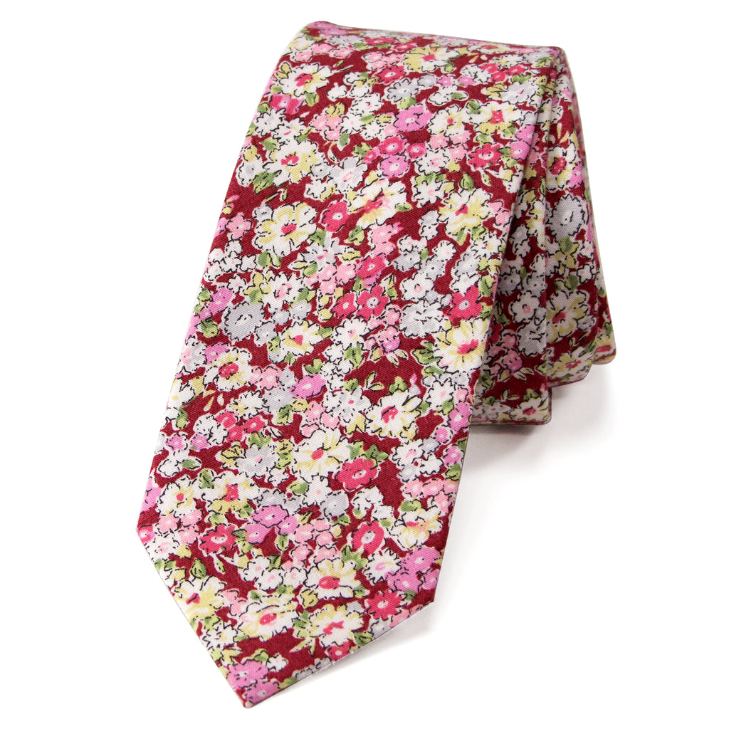 Men's Cotton Printed Floral Skinny Tie, Cinnamon (Color F46)