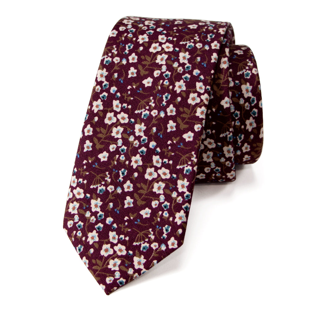 Men's Cotton Printed Floral Skinny Tie, Wine (Color F47)