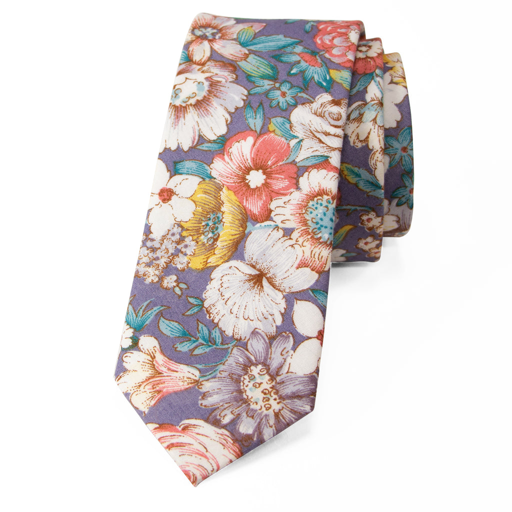 Men's Cotton Printed Floral Skinny Tie, Lavender Haze (Color F53)