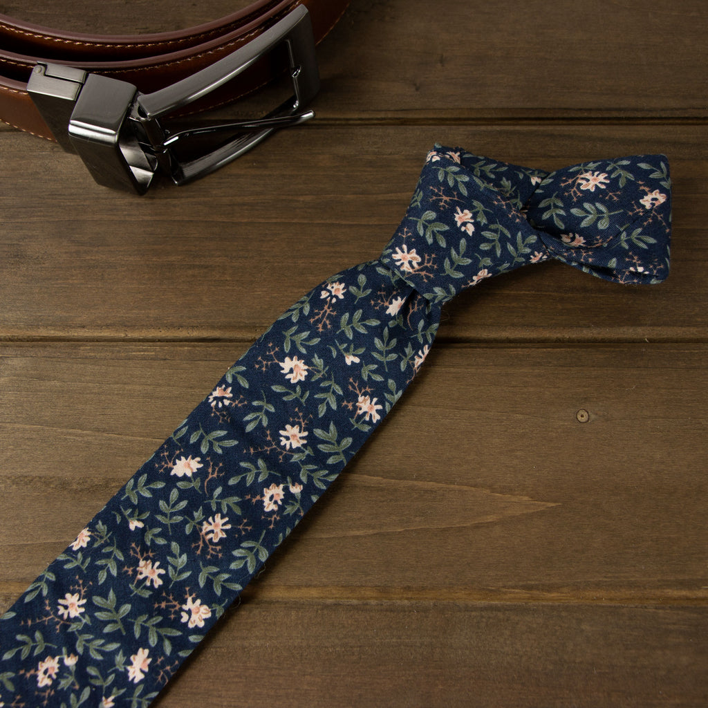 Men's Cotton Printed Floral Skinny Tie, Navy (Color F57)