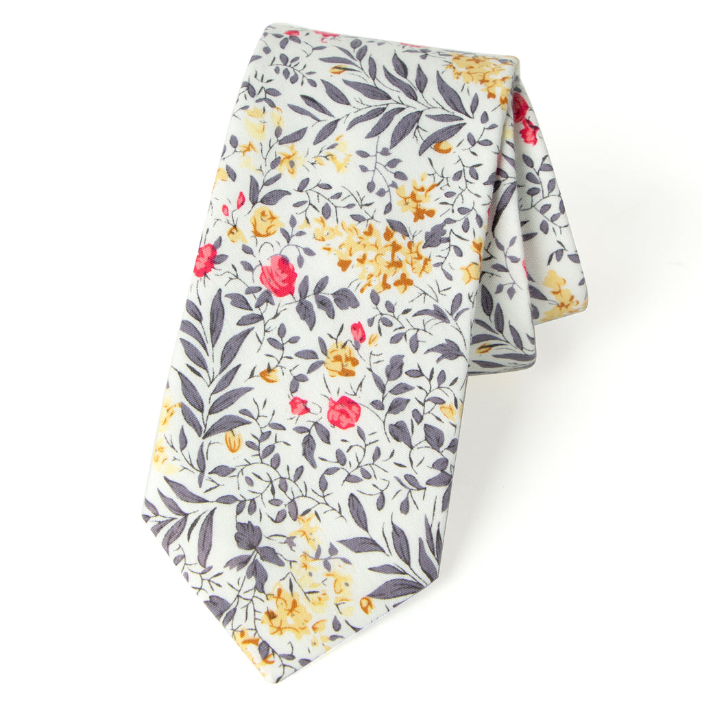Men's Cotton Printed Floral Skinny Tie, Yellow Red Grey (Color F62)