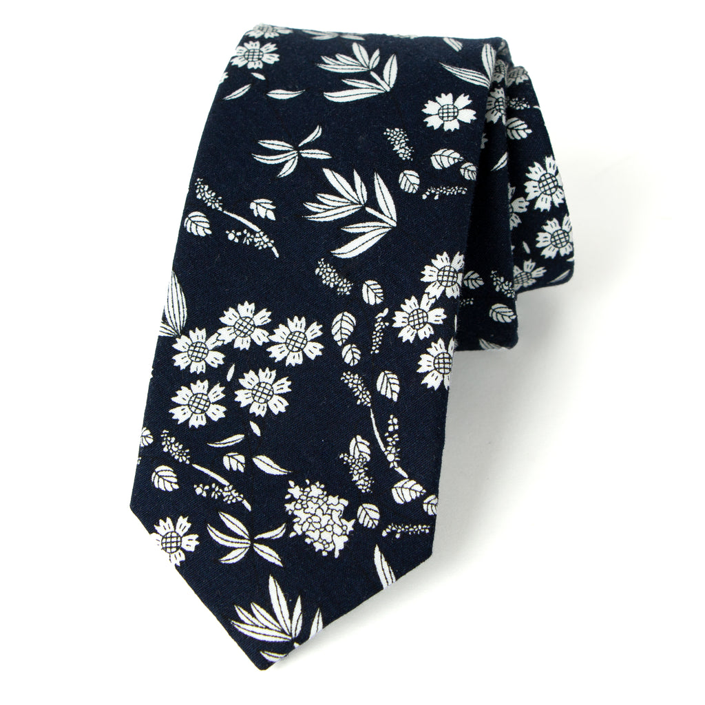 Men's Cotton Printed Floral Skinny Tie, Dark Navy (Color F66)