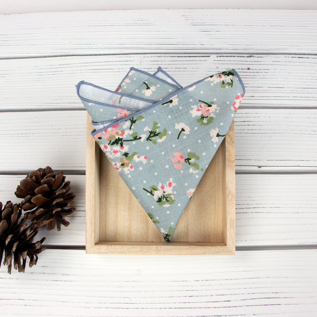 Men's Cotton Floral Print Pocket Square, Light Blue (Color F19)