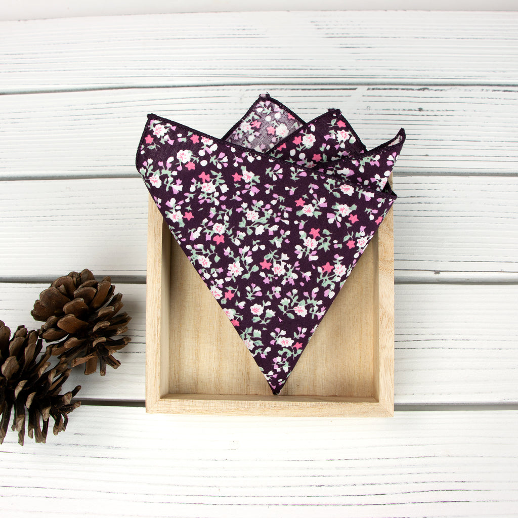 Men's Cotton Floral Print Pocket Square, Purple (Color F20)