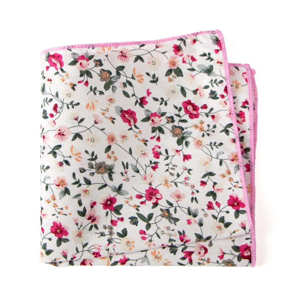 Men's Cotton Floral Print Pocket Square, White (Color F22)