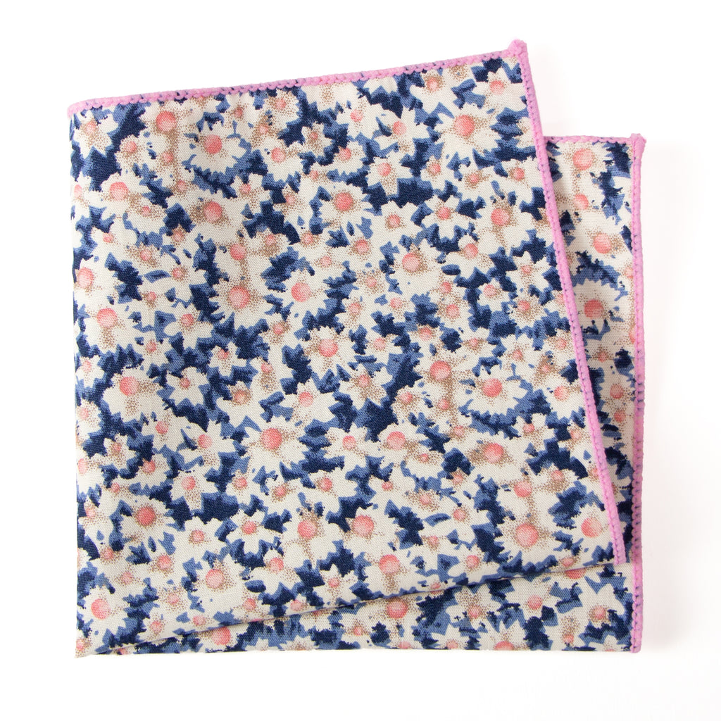 Men's Cotton Floral Print Pocket Square, Blue/Pink (Color F28)